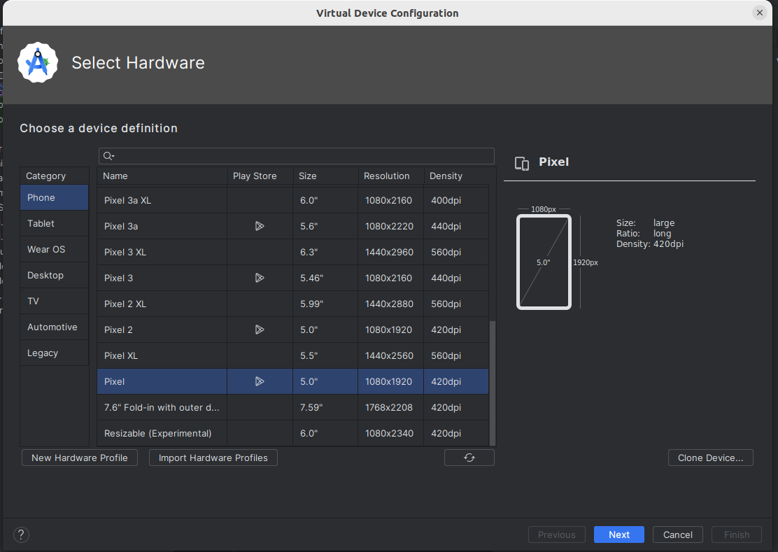 Dialog for creating an AVD