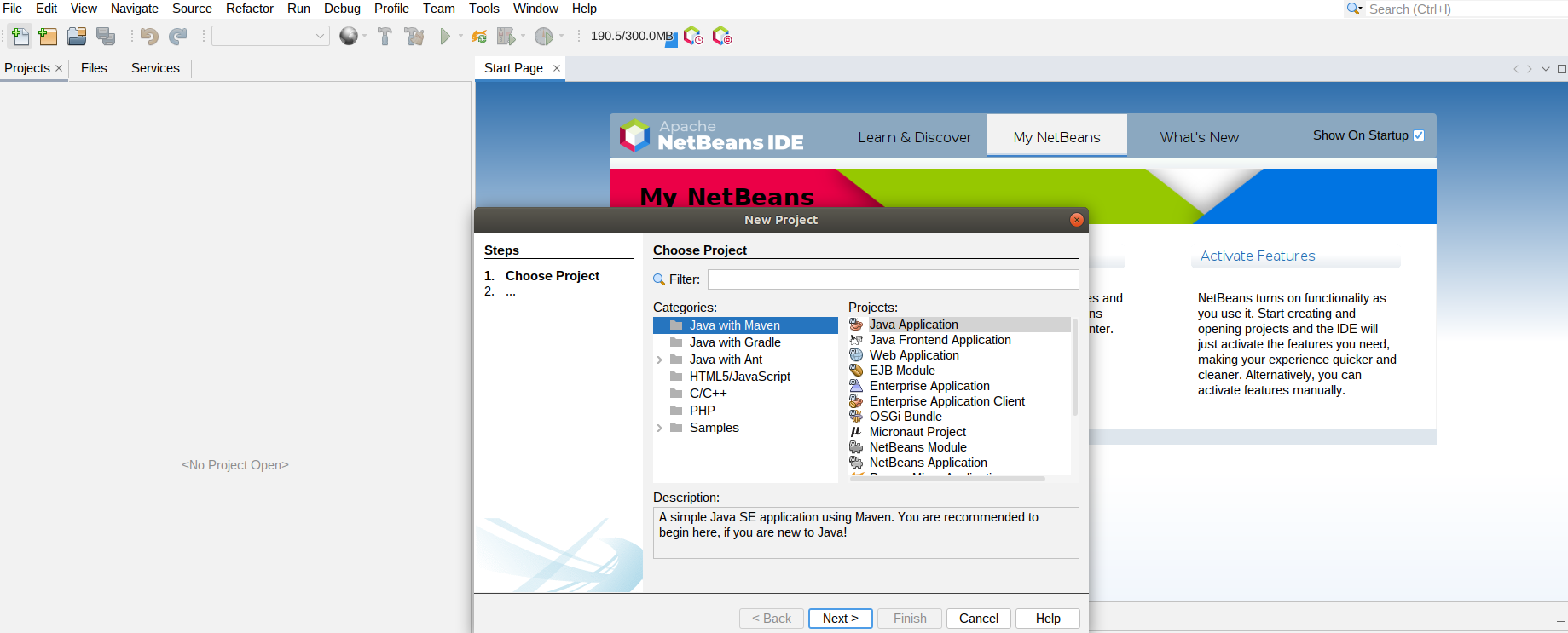 Choosing a project type in Netbeans