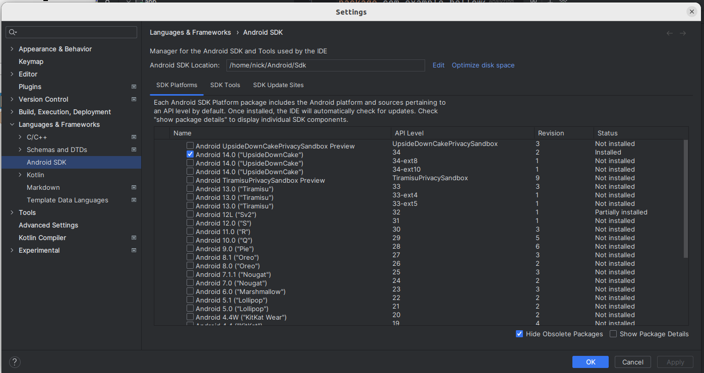 Android SDK manager with user about to install 4.0.3 and 4.4.2