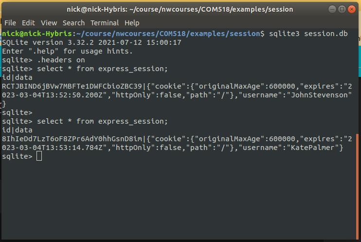 Session data stored in an SQLite databasse