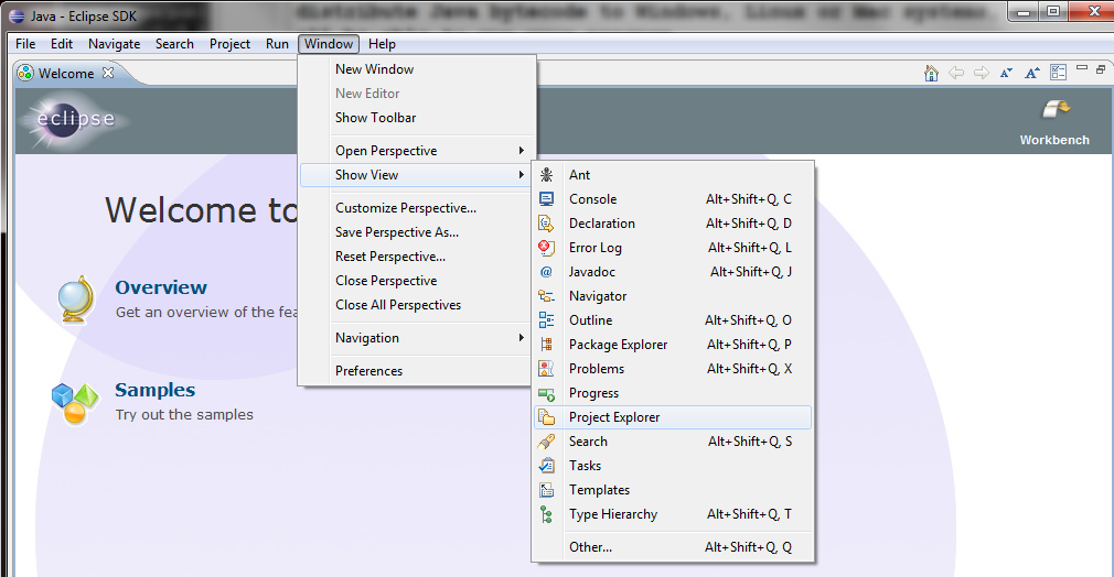 Showing the project explorer in Eclipse